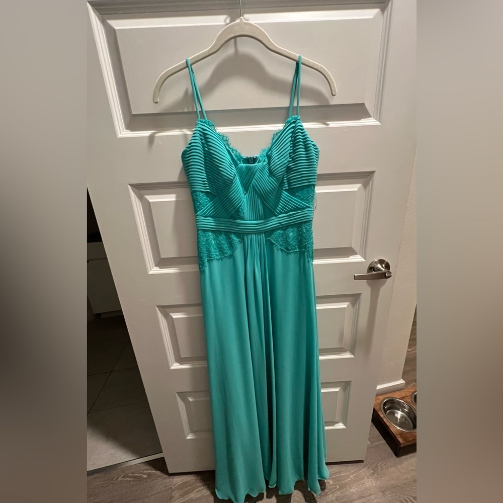 Turquoise BCBGmaxazria long gown with lace detail, size 2